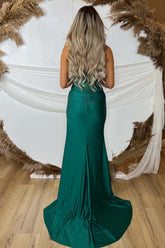 Green Spaghetti Straps Prom Dress Mermaid Satin Evening Dress with Slit